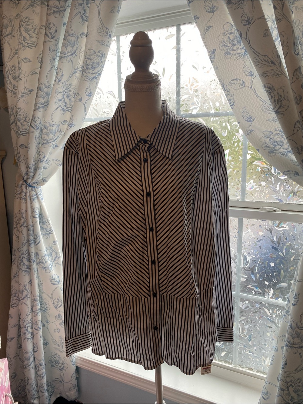 Jones New York Black and White Striped Button Blouse